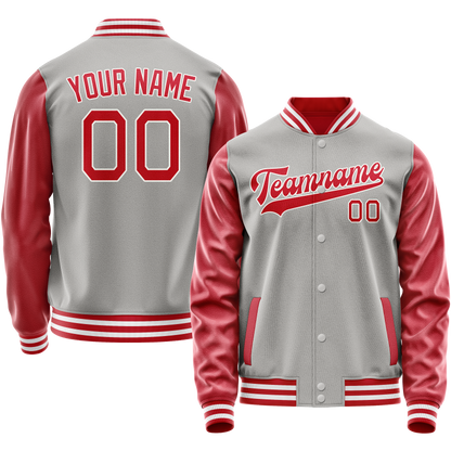 Custom Gray Red Solid Color Varsity Letterman Jacket
