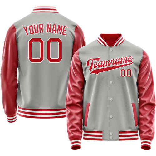 Custom Gray Red Solid Color Varsity Letterman Jacket