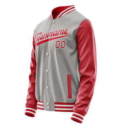Custom Gray Red Solid Color Varsity Letterman Jacket