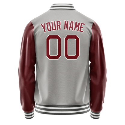 Custom Gray Crimson Solid Color Varsity Letterman Jacket