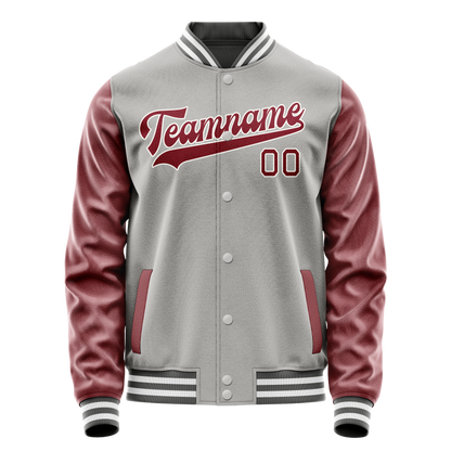 Custom Gray Crimson Solid Color Varsity Letterman Jacket