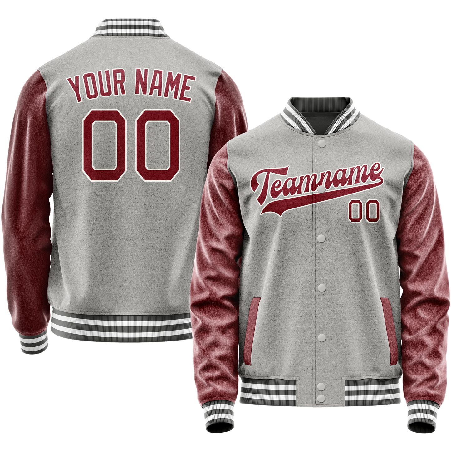 Custom Gray Crimson Solid Color Varsity Letterman Jacket