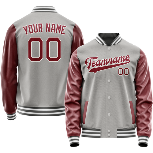Custom Gray Crimson Solid Color Varsity Letterman Jacket