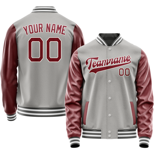 Custom Gray Crimson Solid Color Varsity Letterman Jacket