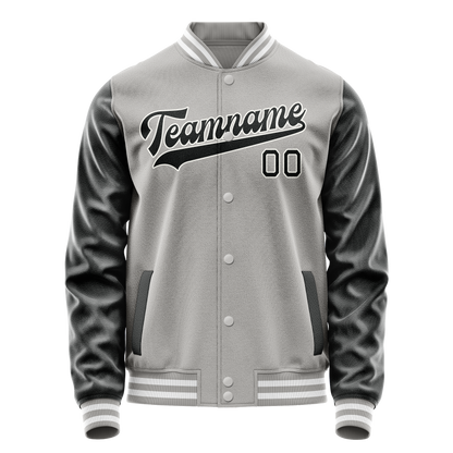 Custom Gray Black Solid Color Varsity Letterman Jacket