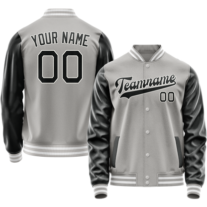 Custom Gray Black Solid Color Varsity Letterman Jacket