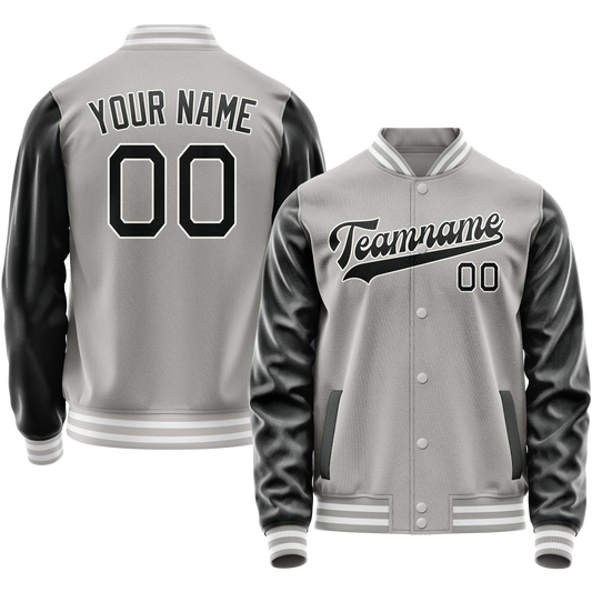 Custom Gray Black Solid Color Varsity Letterman Jacket