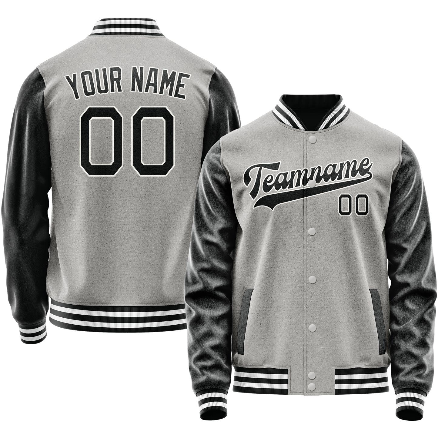 Custom Gray Black Solid Color Varsity Letterman Jacket