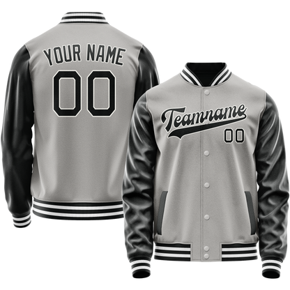 Custom Gray Black Solid Color Varsity Letterman Jacket