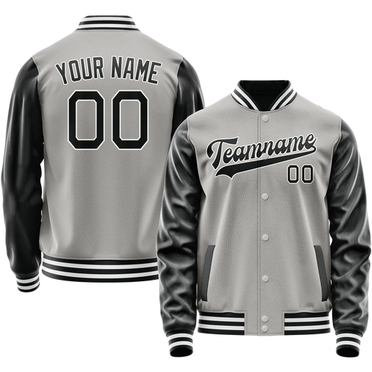 Custom Gray Black Solid Color Varsity Letterman Jacket