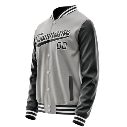 Custom Gray Black Solid Color Varsity Letterman Jacket