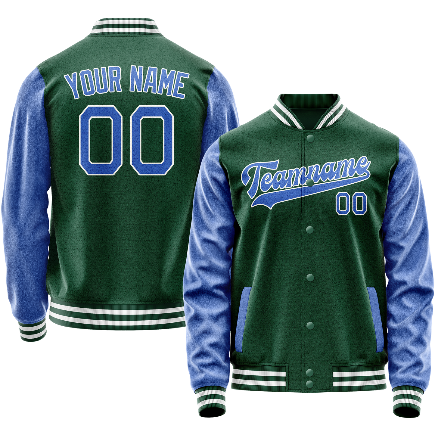 Custom Kelly-Green Light-Blue Solid Color Varsity Letterman Jacket