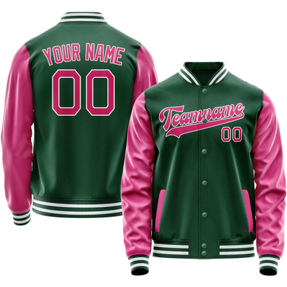 Custom Kelly-Green Pink Solid Color Varsity Letterman Jacket