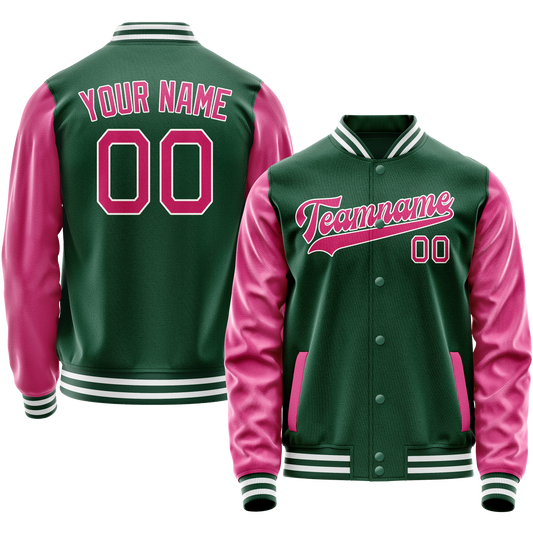 Custom Kelly-Green Pink Solid Color Varsity Letterman Jacket