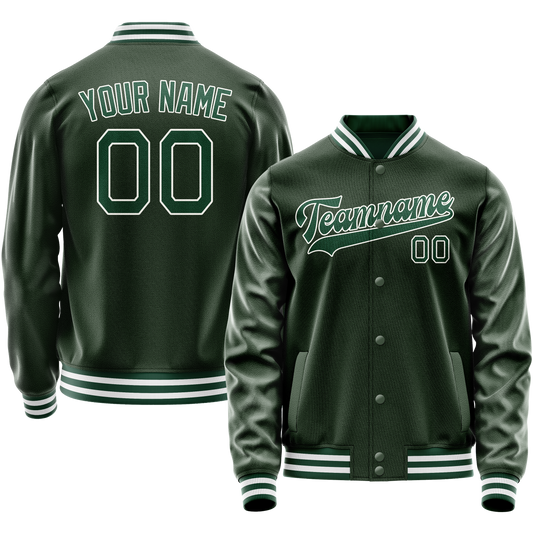 Custom Green White Solid Color Varsity Letterman Jacket