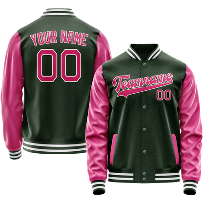 Custom Green Pink Solid Color Varsity Letterman Jacket