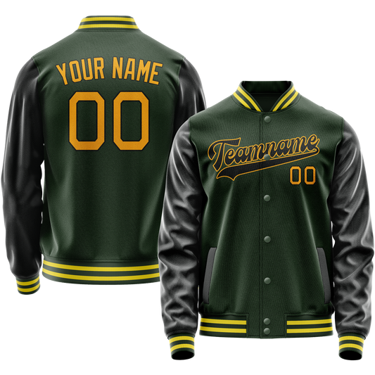 Custom Green Gold Solid Color Varsity Letterman Jacket