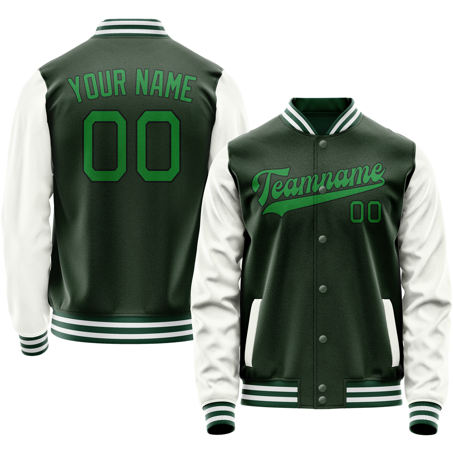 Custom Green White Solid Color Varsity Letterman Jacket