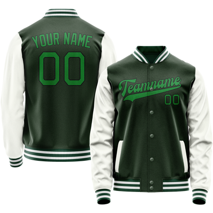 Custom Green White Solid Color Varsity Letterman Jacket
