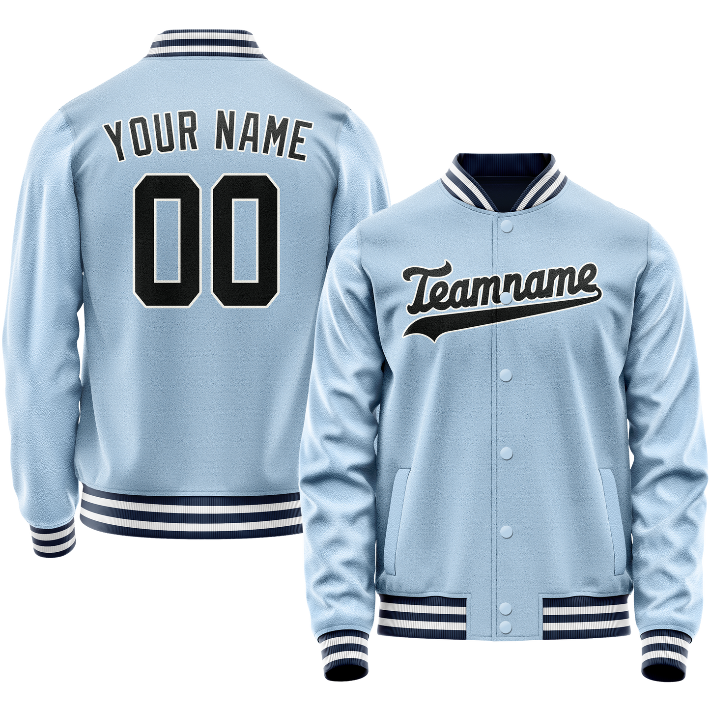 Custom Light-Blue Black Solid Color Varsity Letterman Jacket