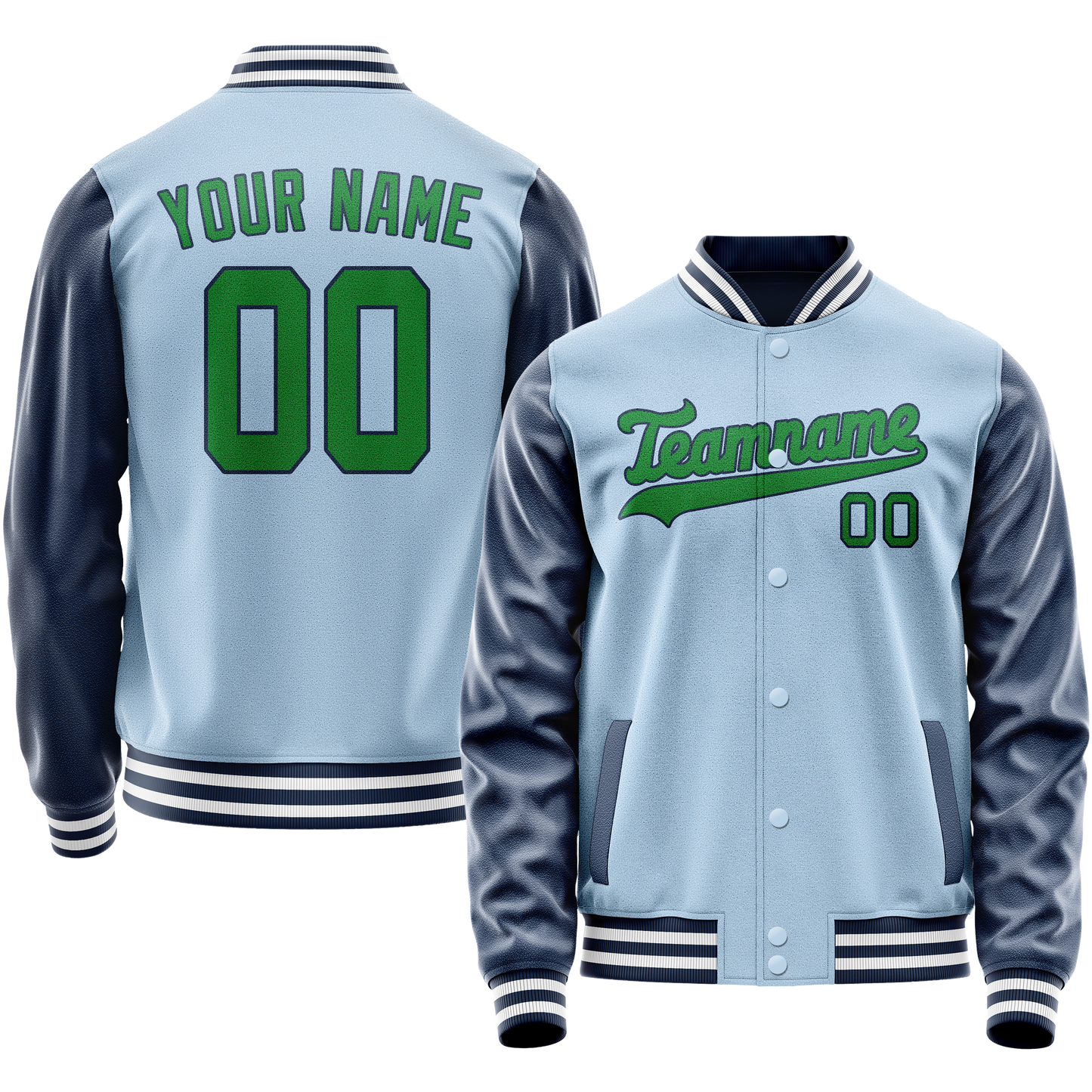 Custom Light-Blue Neon-Green Solid Color Varsity Letterman Jacket