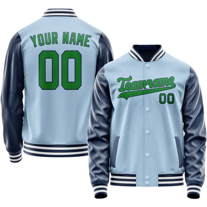 Custom Light-Blue Neon-Green Solid Color Varsity Letterman Jacket