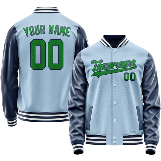 Custom Light-Blue Neon-Green Solid Color Varsity Letterman Jacket