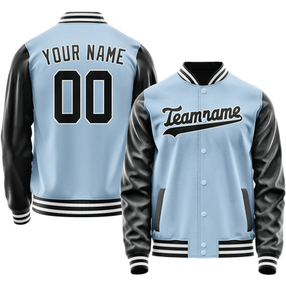 Custom Light-Blue Black Solid Color Varsity Letterman Jacket