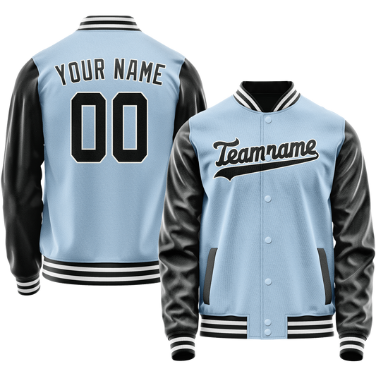 Custom Light-Blue Black Solid Color Varsity Letterman Jacket