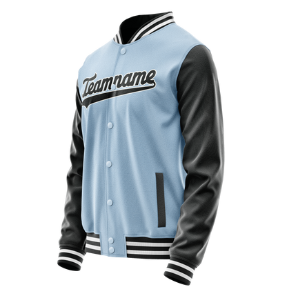 Custom Light-Blue Black Solid Color Varsity Letterman Jacket