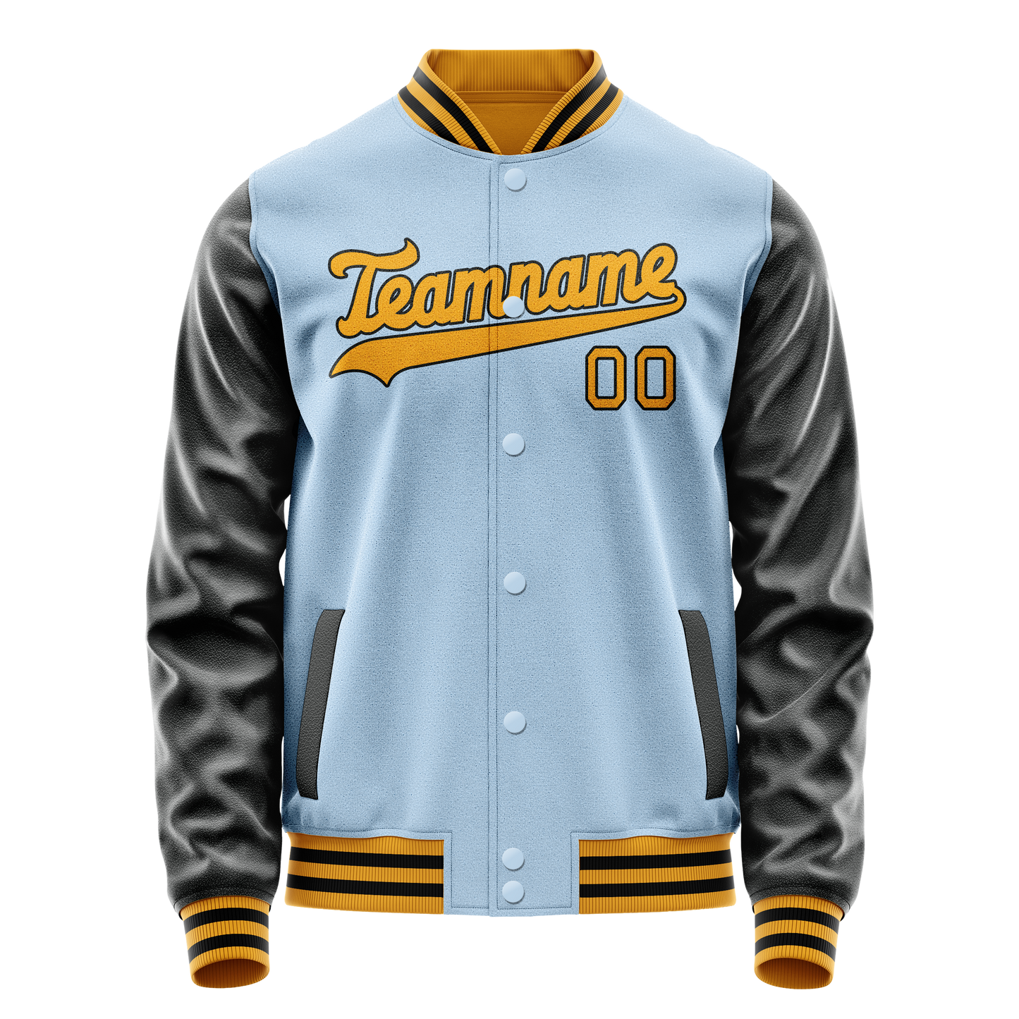 Custom Light-Blue Black Solid Color Varsity Letterman Jacket