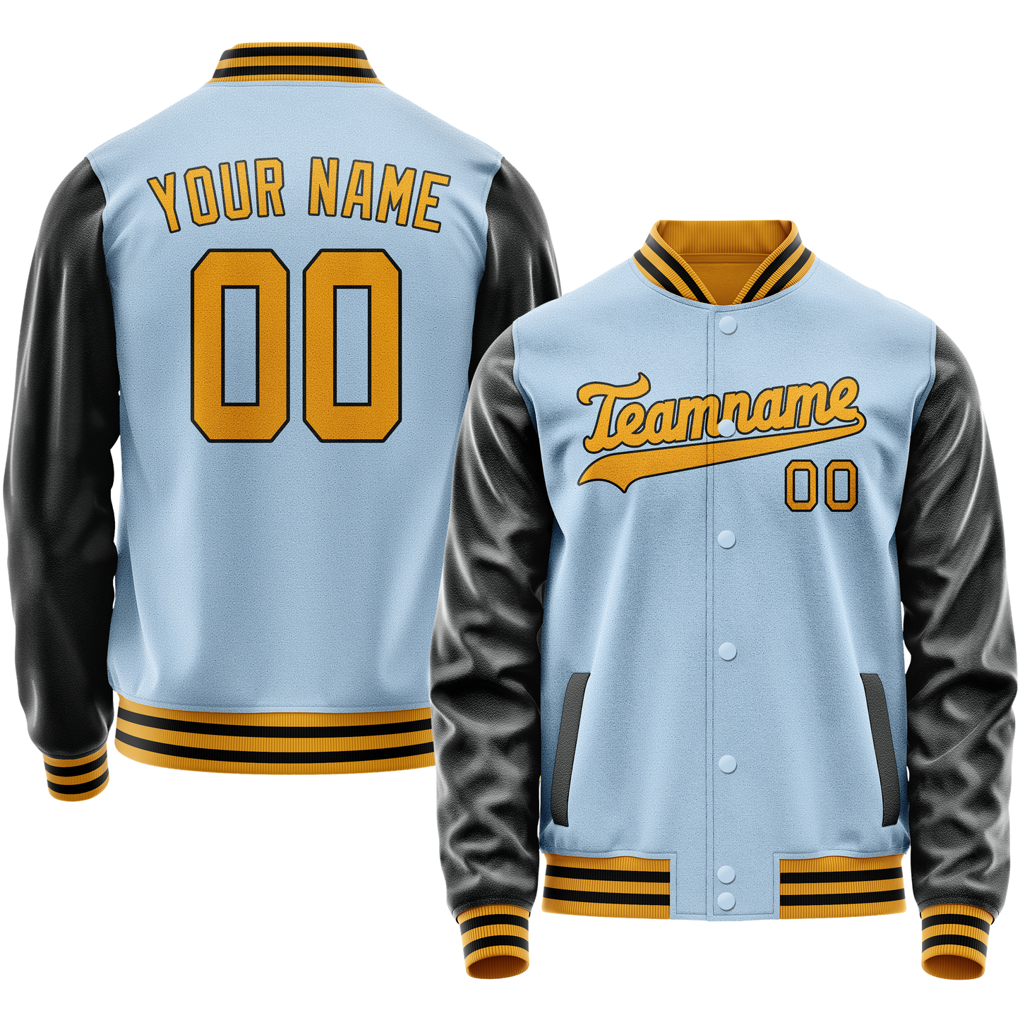Custom Light-Blue Black Solid Color Varsity Letterman Jacket