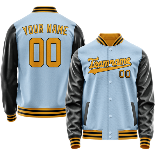Custom Light-Blue Black Solid Color Varsity Letterman Jacket