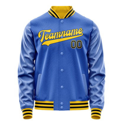 Custom Electric-Blue Gold Solid Color Varsity Letterman Jacket
