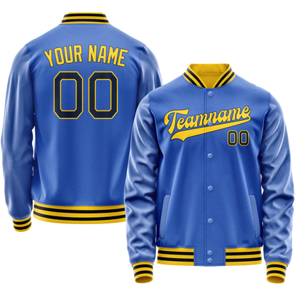 Custom Electric-Blue Gold Solid Color Varsity Letterman Jacket