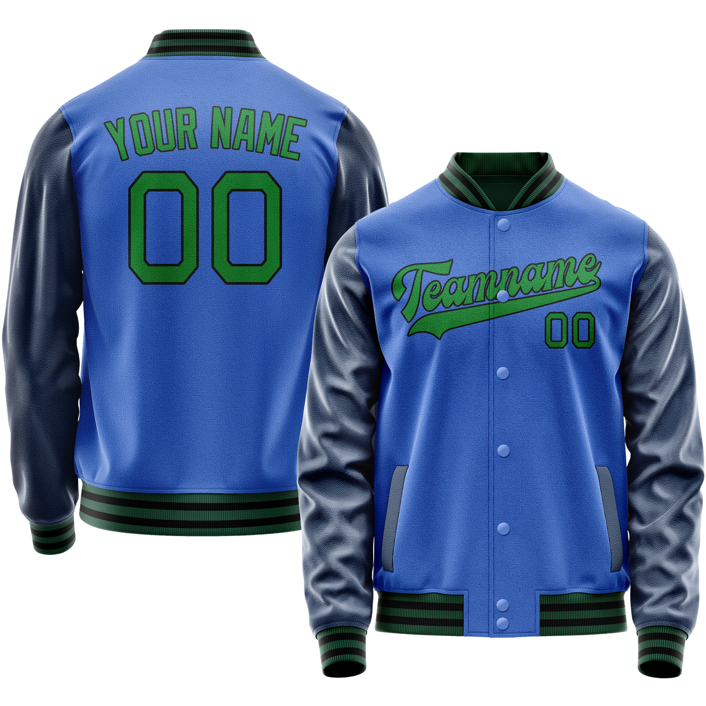 Custom Electric-Blue Neon-Green Solid Color Varsity Letterman Jacket