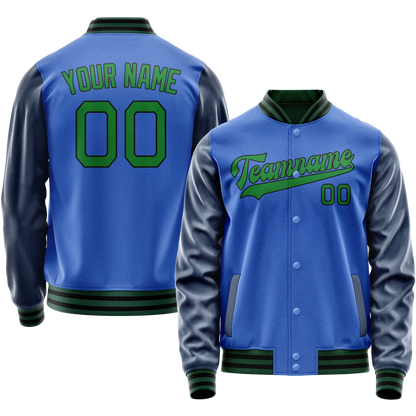 Custom Electric-Blue Neon-Green Solid Color Varsity Letterman Jacket