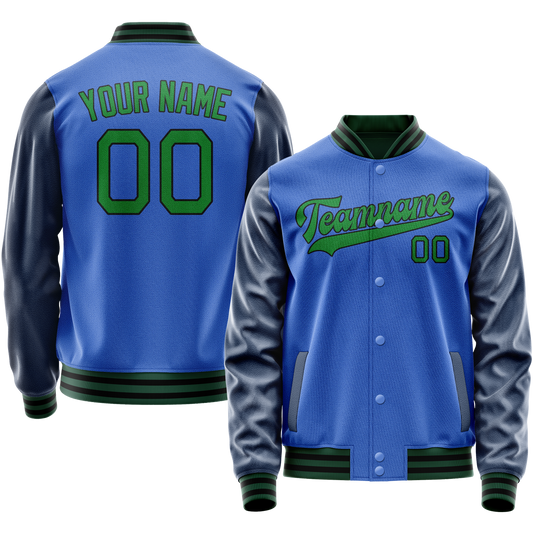 Custom Electric-Blue Neon-Green Solid Color Varsity Letterman Jacket