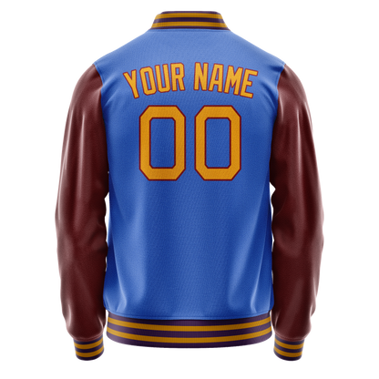 Custom Electric-Blue Brown Solid Color Varsity Letterman Jacket