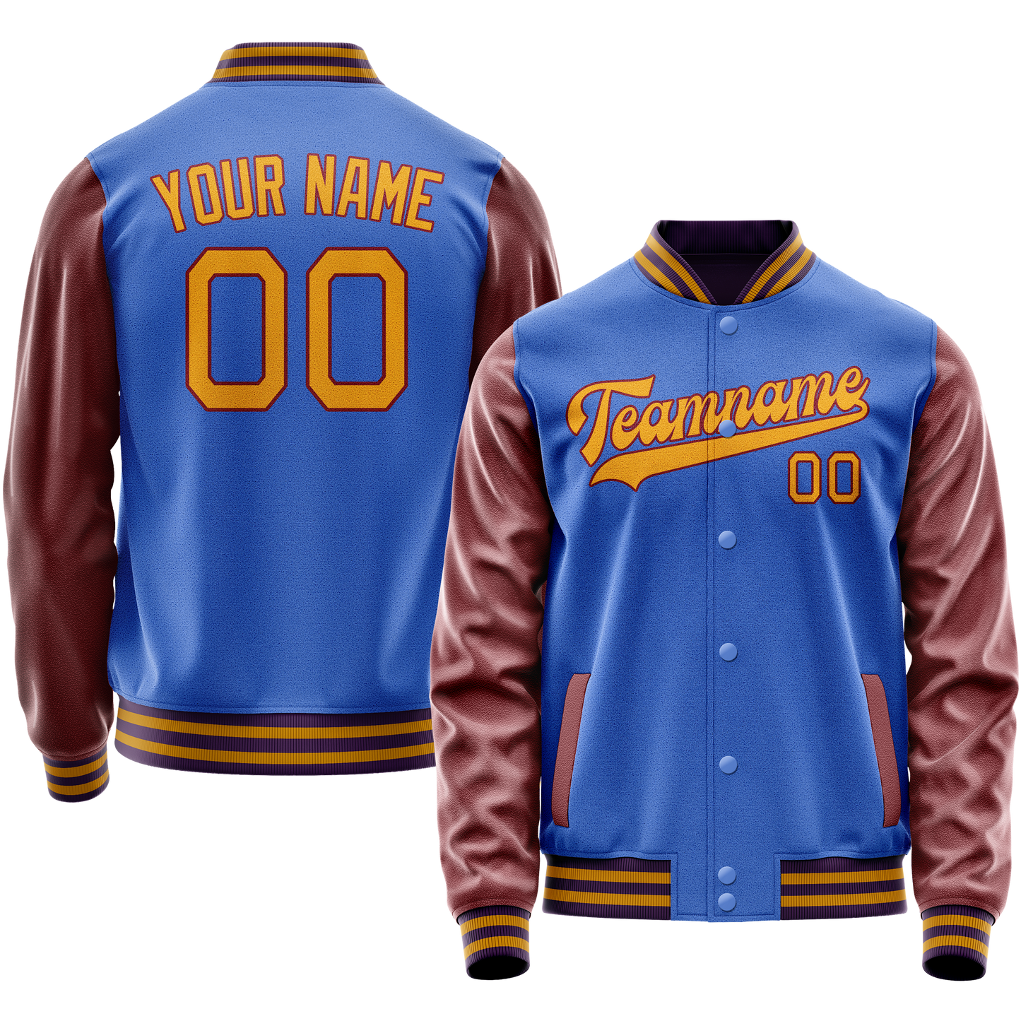 Custom Electric-Blue Brown Solid Color Varsity Letterman Jacket