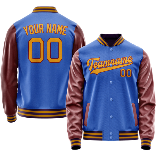 Custom Electric-Blue Brown Solid Color Varsity Letterman Jacket