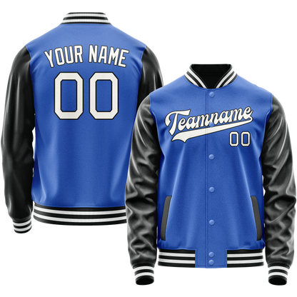 Custom Electric-Blue White Solid Color Varsity Letterman Jacket