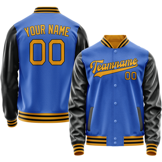 Custom Electric-Blue Old-Gold Solid Color Varsity Letterman Jacket