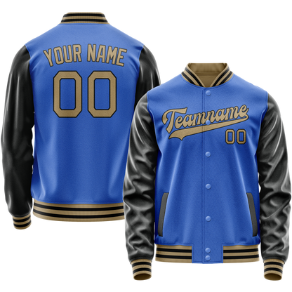 Custom Electric-Blue Black Solid Color Varsity Letterman Jacket