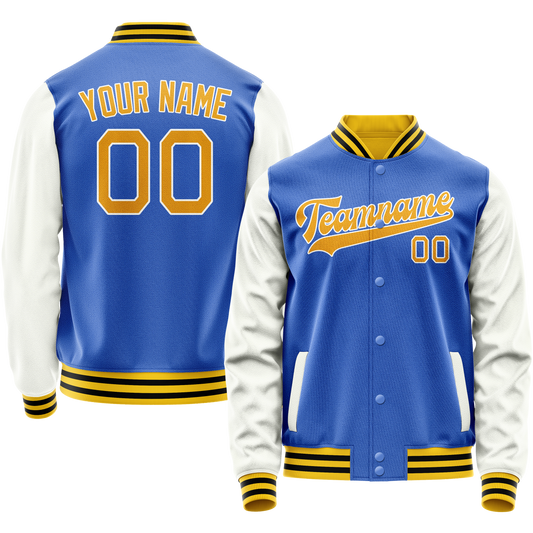 Custom Electric-Blue White Solid Color Varsity Letterman Jacket