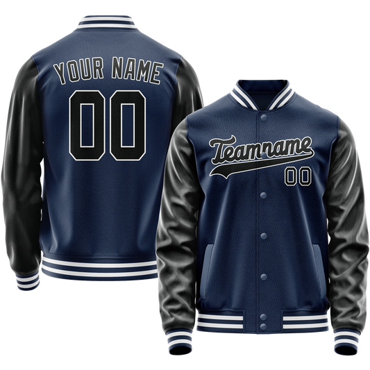 Custom Royal Black Solid Color Varsity Letterman Jacket