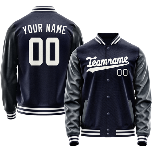 Custom Navy White Solid Color Varsity Letterman Jacket