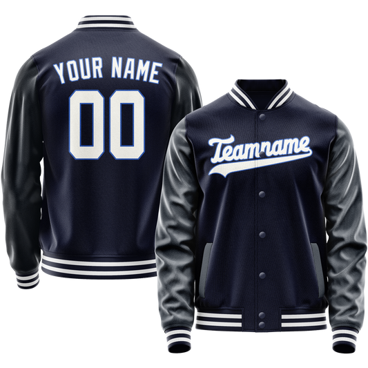 Custom Navy White Solid Color Varsity Letterman Jacket