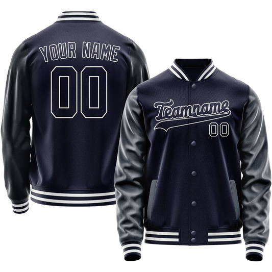 Custom Navy White Solid Color Varsity Letterman Jacket