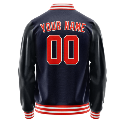 Custom Navy Orange Solid Color Varsity Letterman Jacket